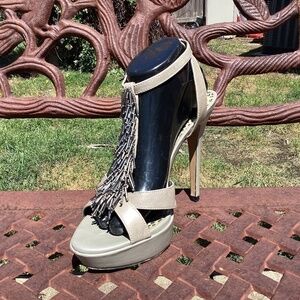 Jessica Simpson Leather Fringe Bennies Platform Pencil Heel Shoes